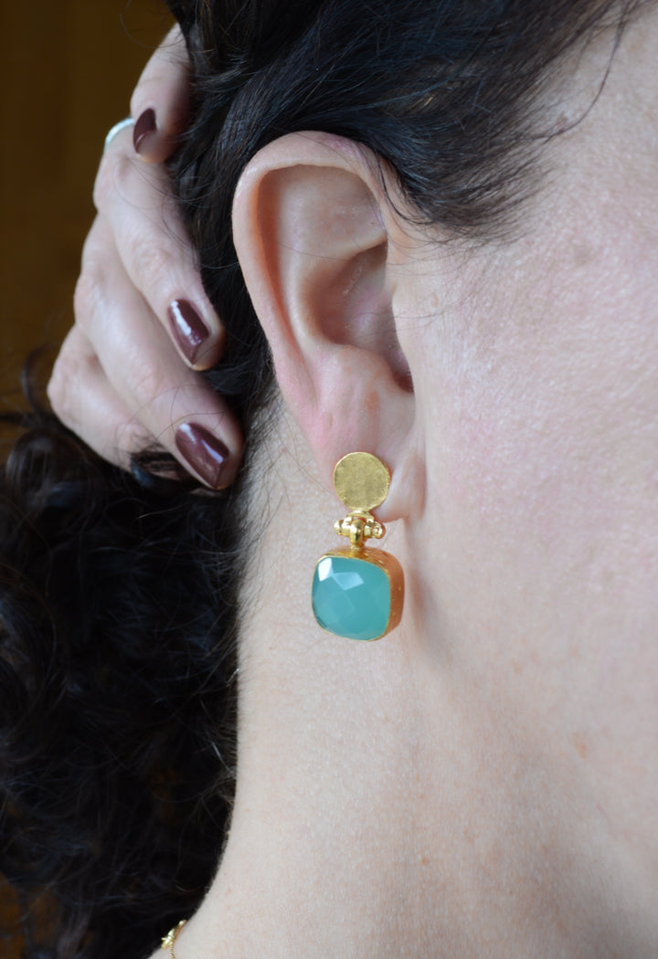 Cushion Cut Aqua Chalcedony Post Earrings
