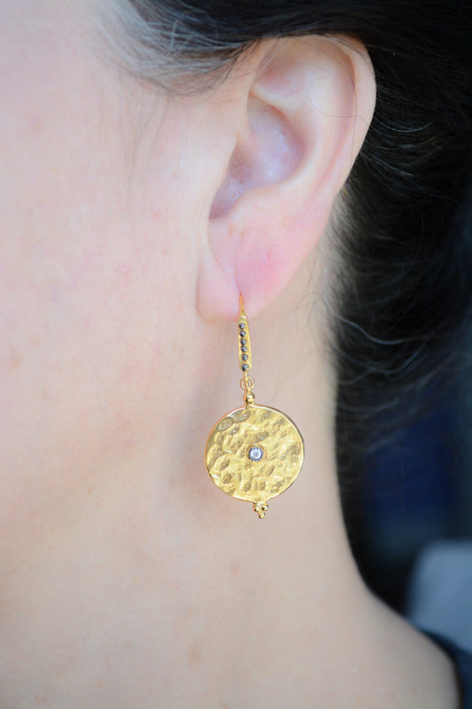 Hammered disc earrings with cubic zirconia accent