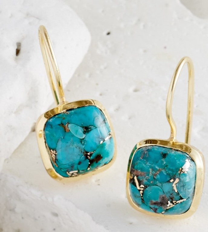 Cushion cut copper Turquoise drop earring with gold plate