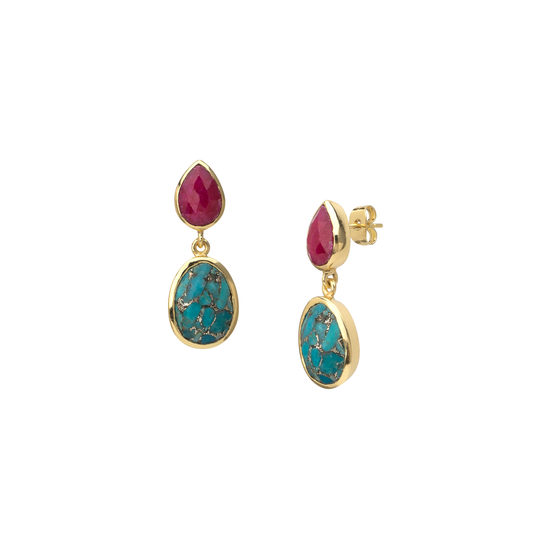 Ruby and turquoise single drop earring