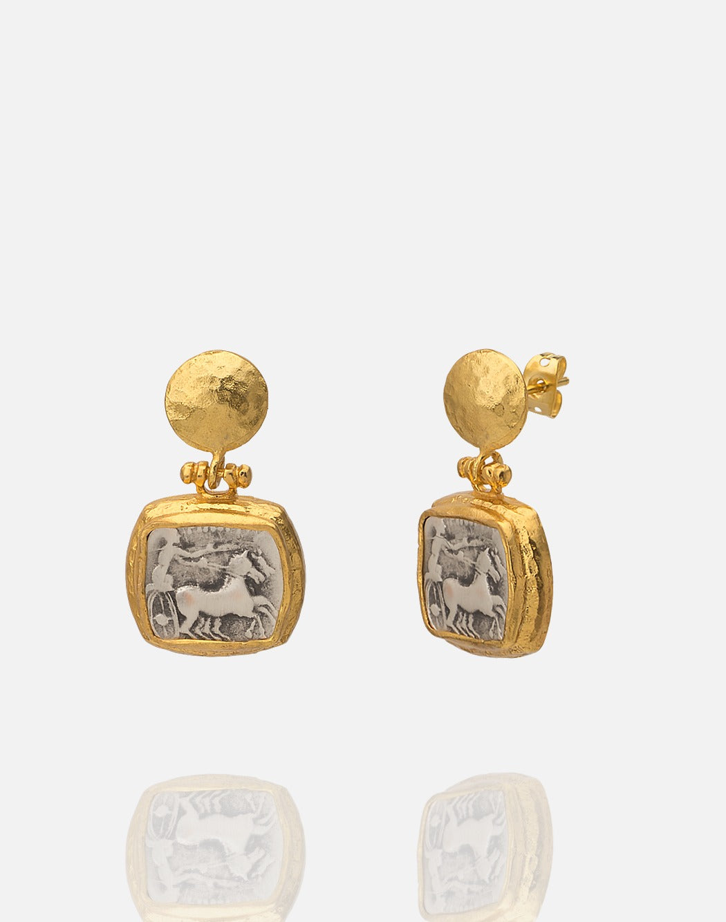Two tone gold and rhodium Roman coin with chariot earring