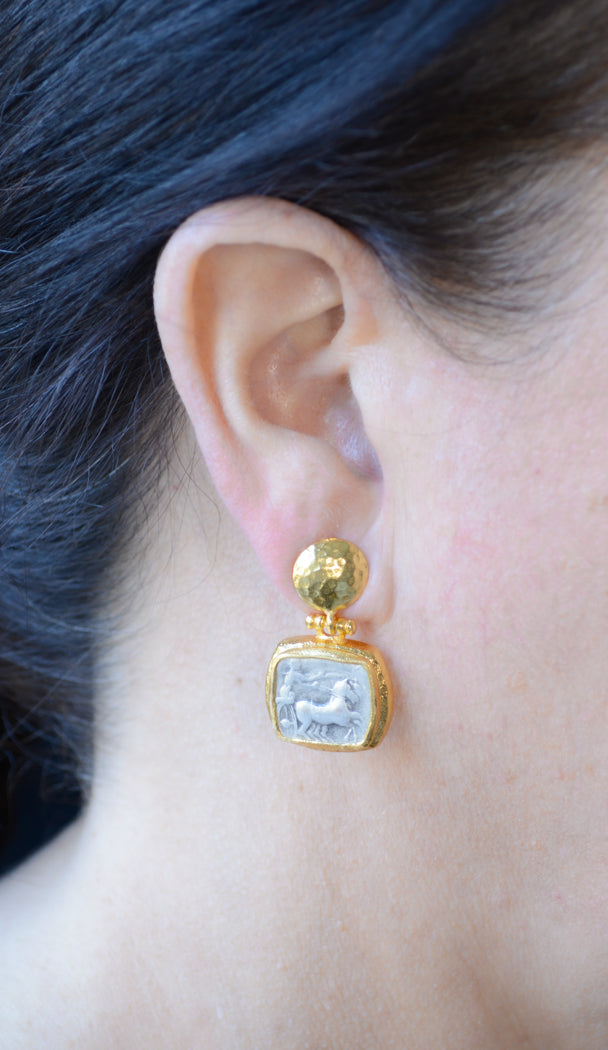 Two tone gold and rhodium Roman coin with chariot earring