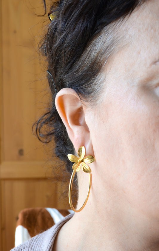 Gold Plated Flower Hoop Post Earrings