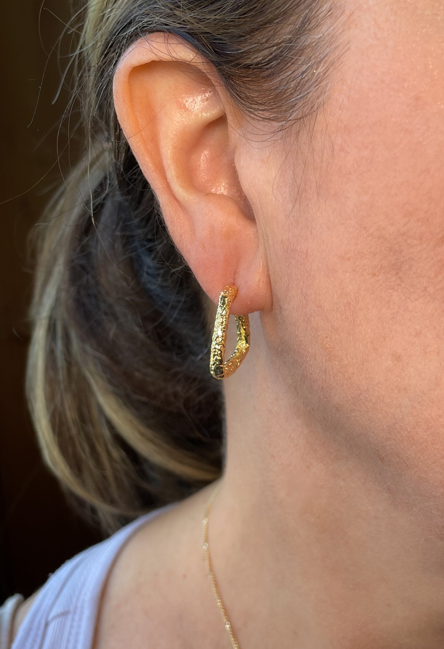 Gold plated organic shape textured hoops with post