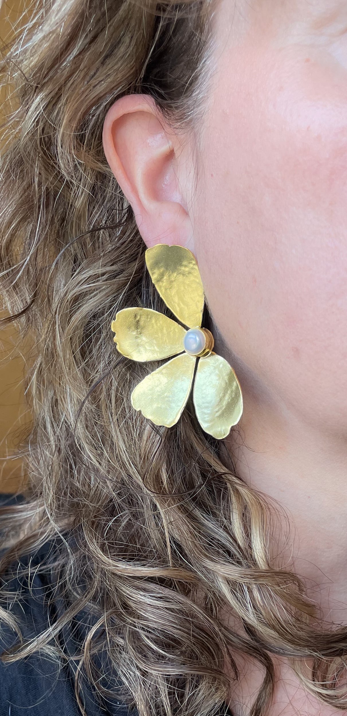 Hand Hammered Brass Flower Earring with pearl accent