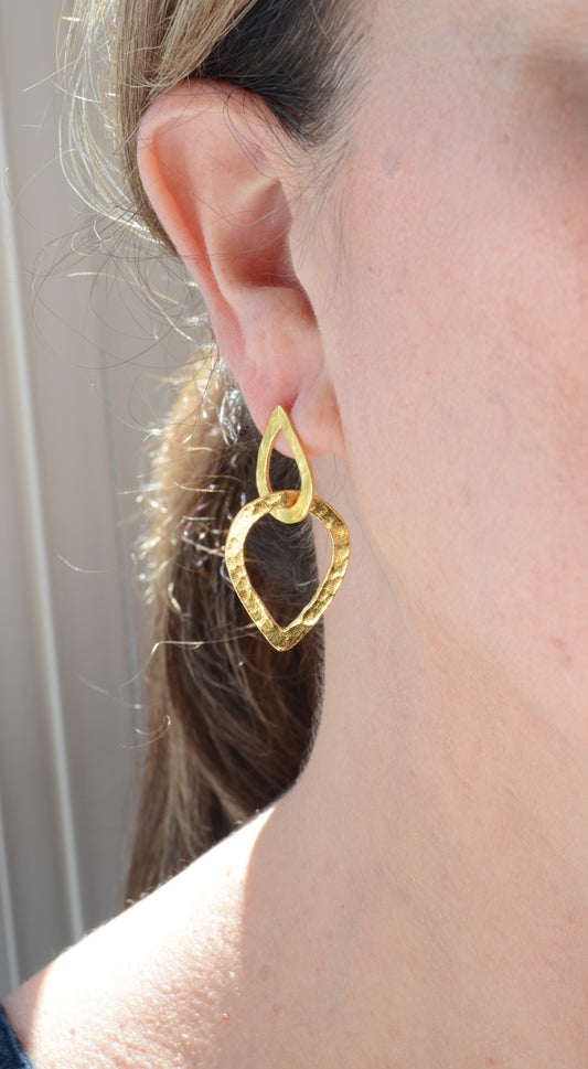 Gold hammered double teardrop earrings