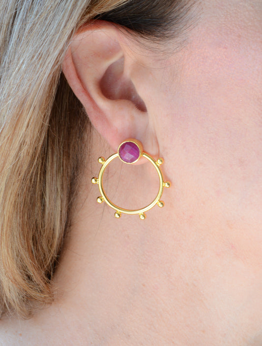 Gold sphere post earring with ruby
