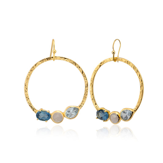 Hammered hoops with blue topaz and moonstone