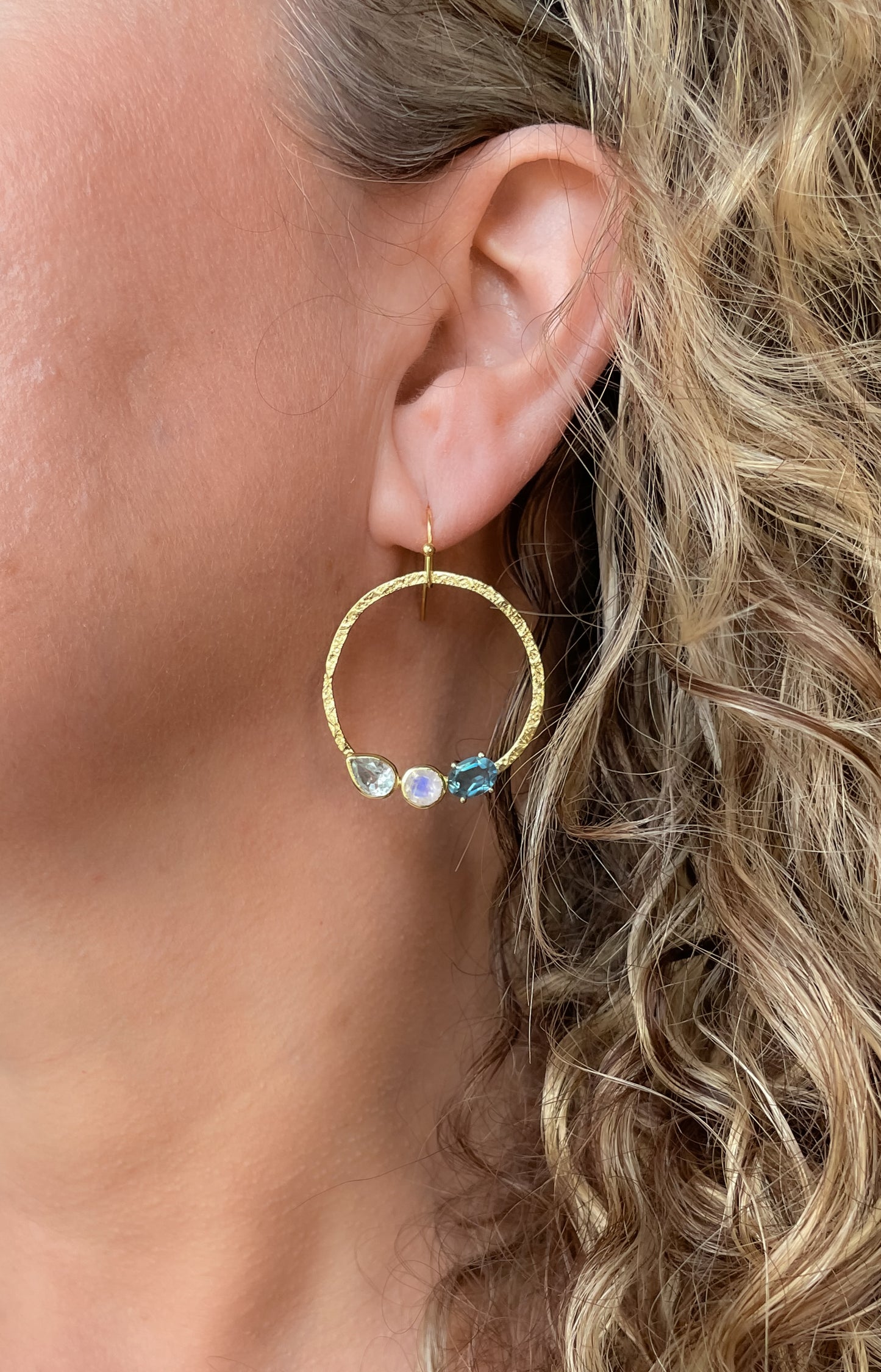 Hammered hoops with blue topaz and moonstone