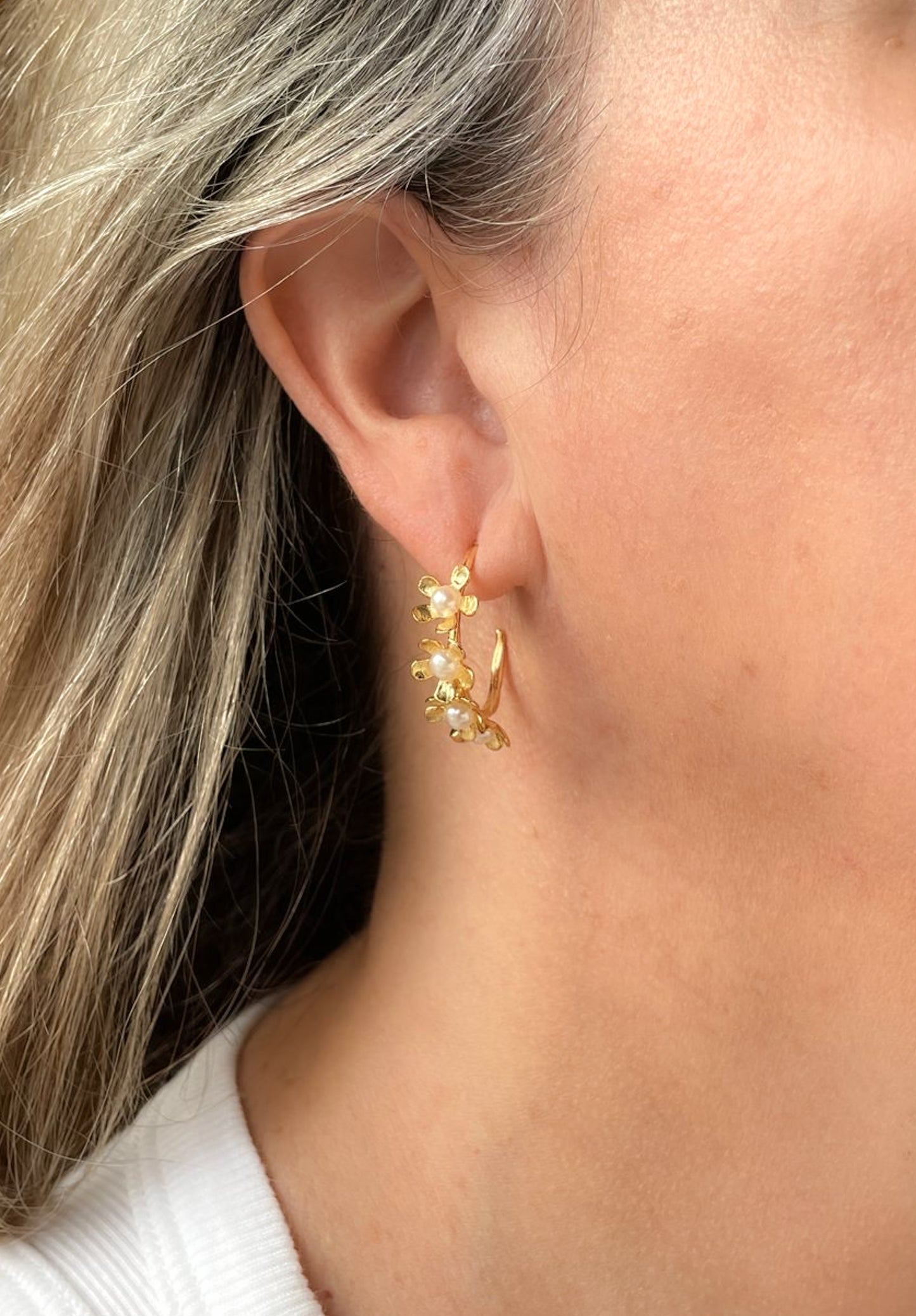 Gold floral hoops with freshwater pearls
