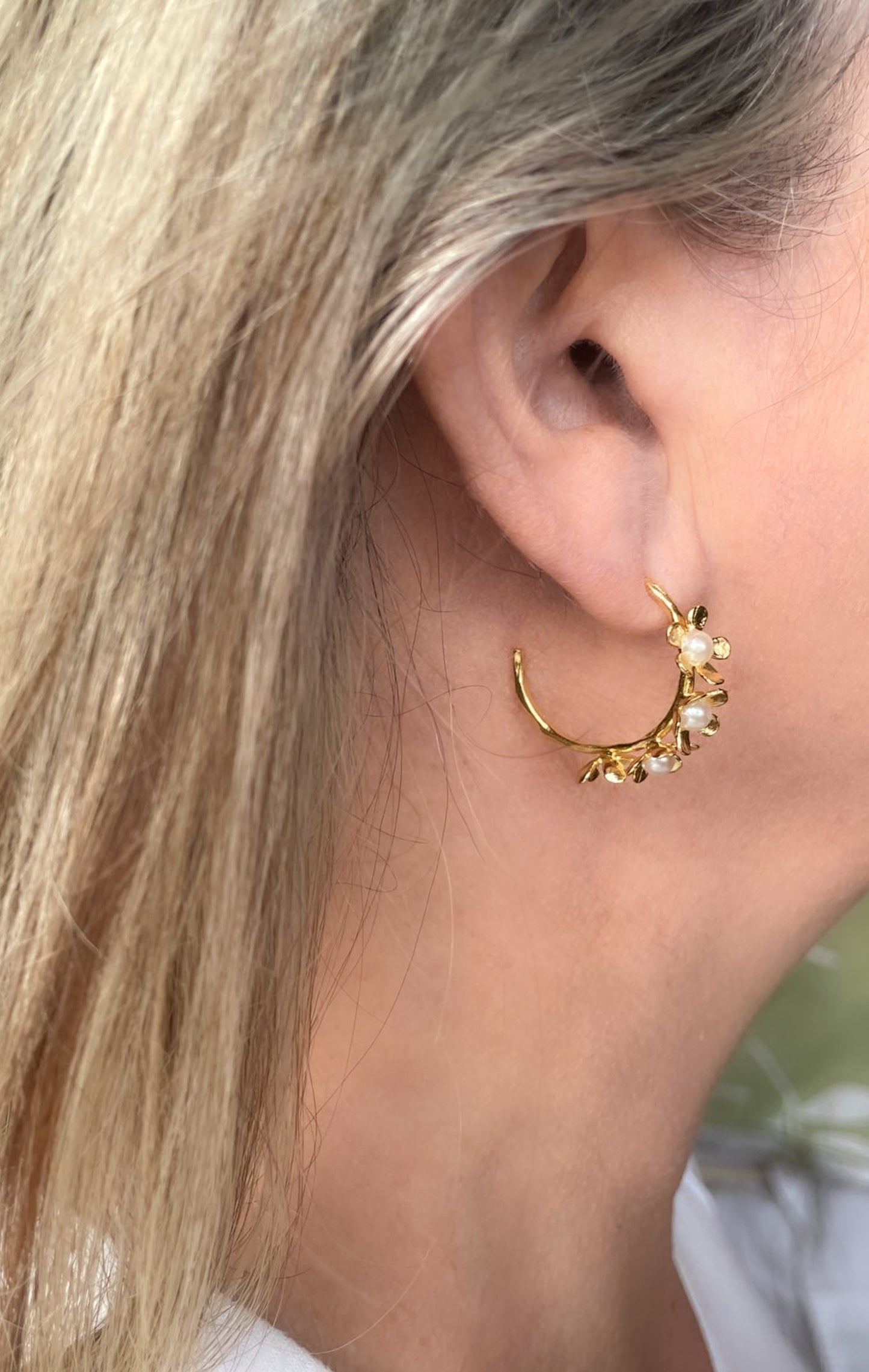 Gold floral hoops with freshwater pearls