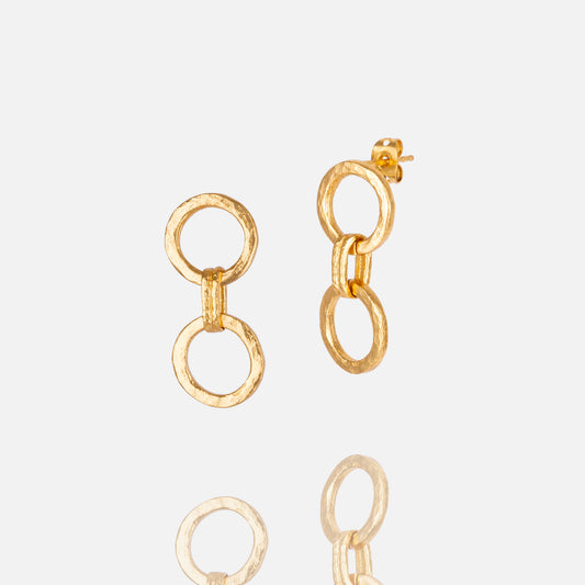 Gold plated hammered double ring earrings