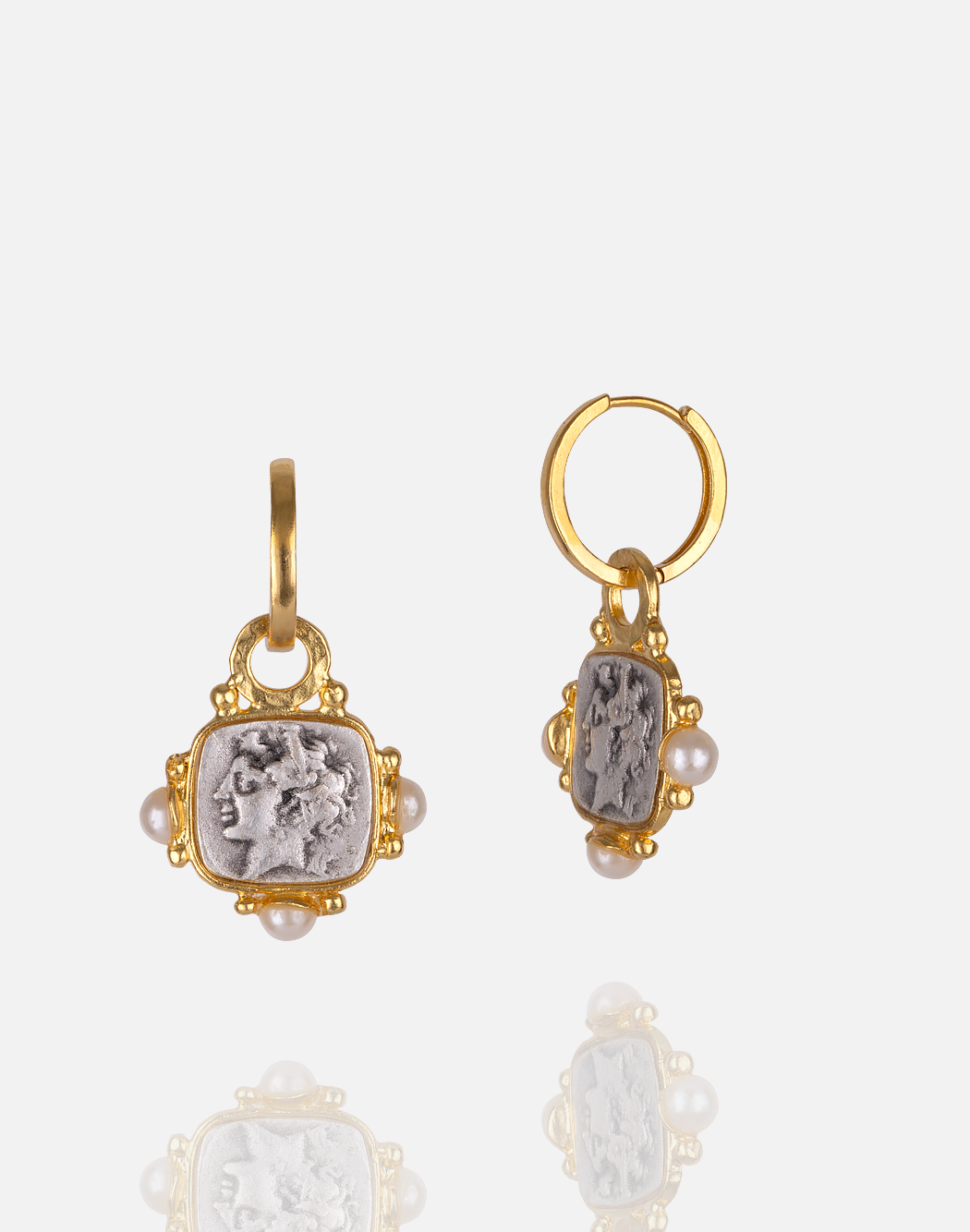 Two-tone hoop earring with roman coin and pearl accents