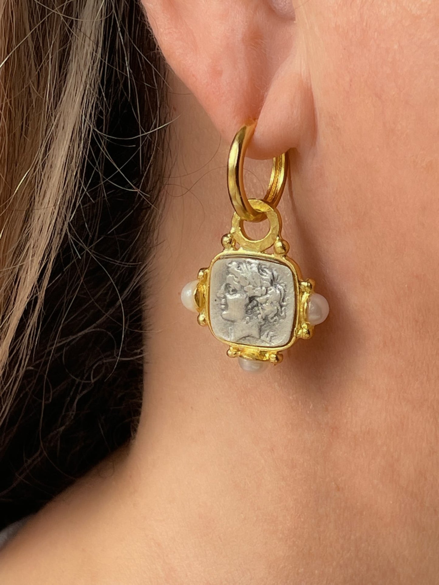 Two-tone hoop earring with roman coin and pearl accents
