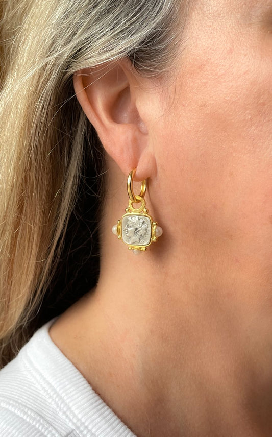 Two-tone hoop earring with roman coin and pearl accents