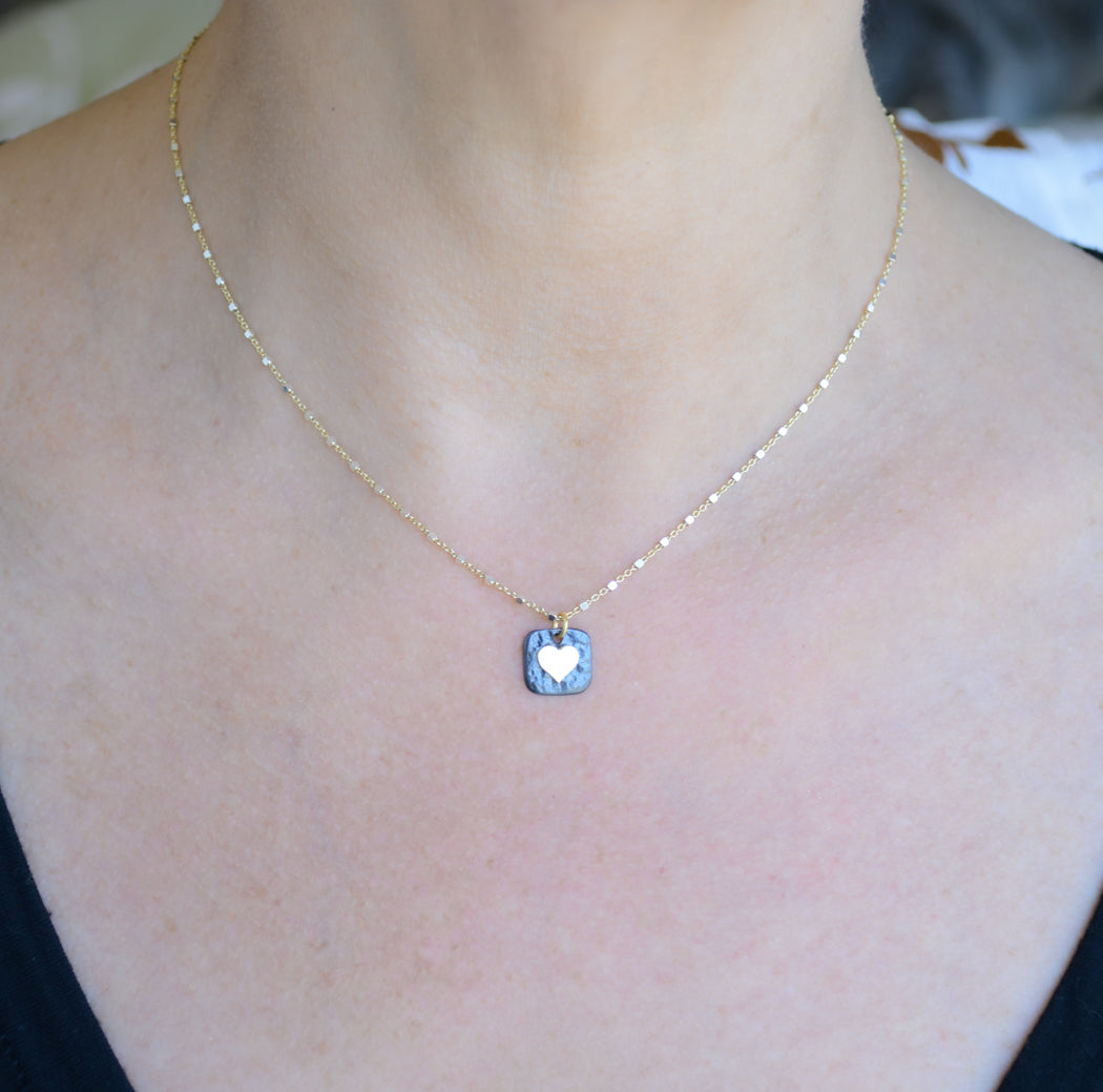 Mixed metal square pendant heart necklace