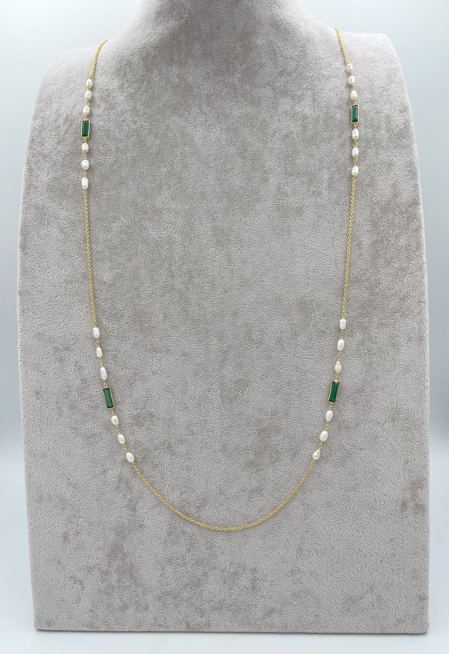 Gold necklace with pearl and green tourmaline accents