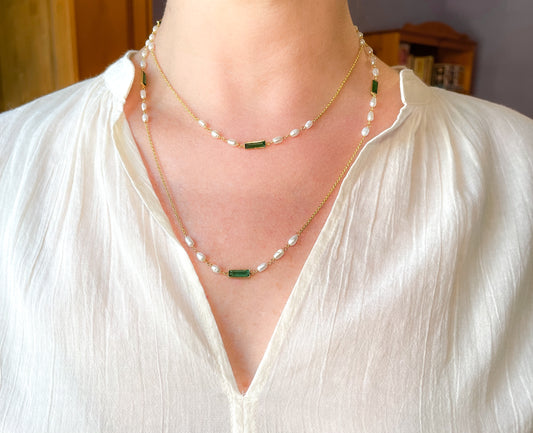 Gold necklace with pearl and green tourmaline accents