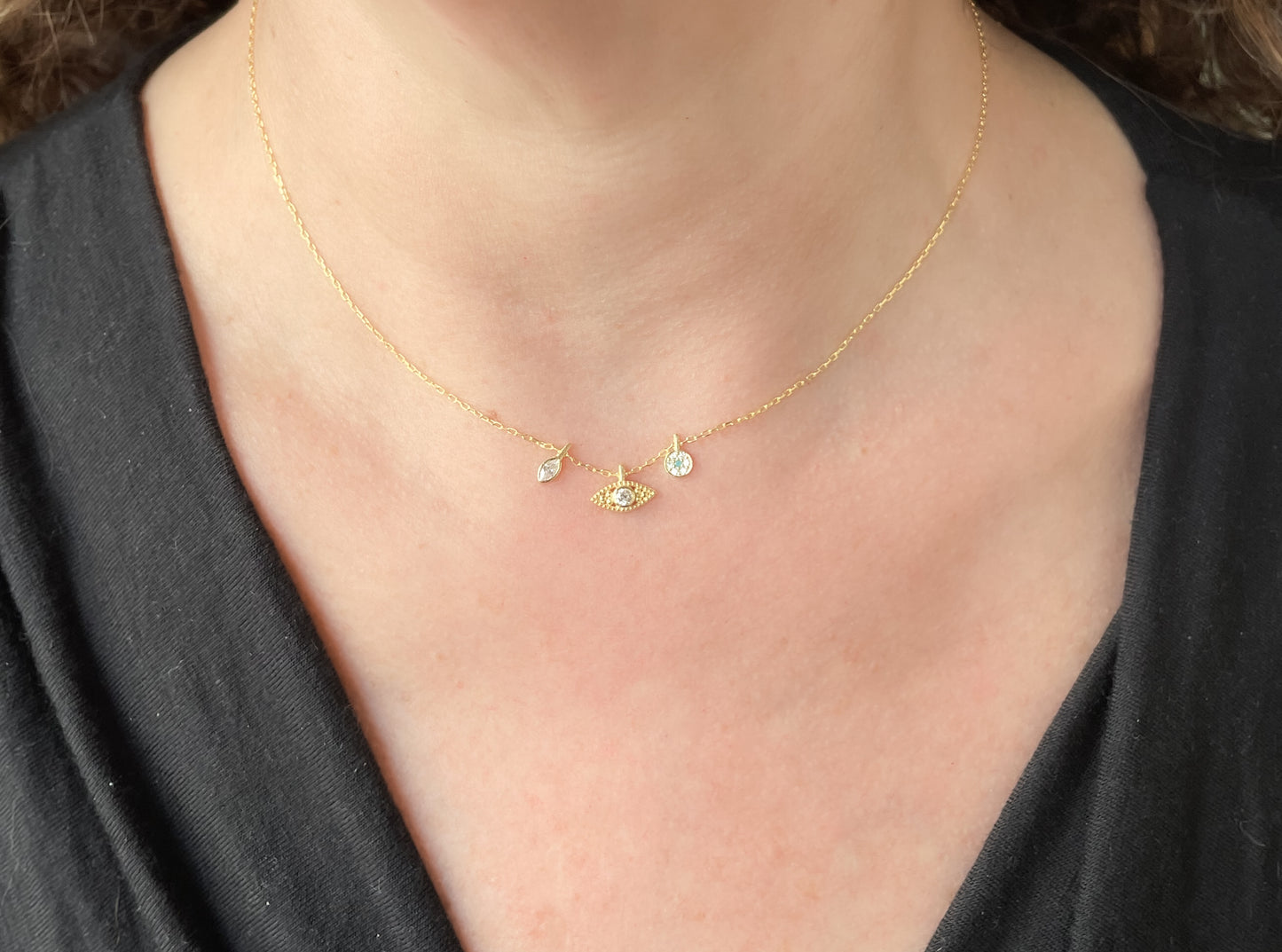 Gold Eye talisman charm necklace with cubic zirconia accents