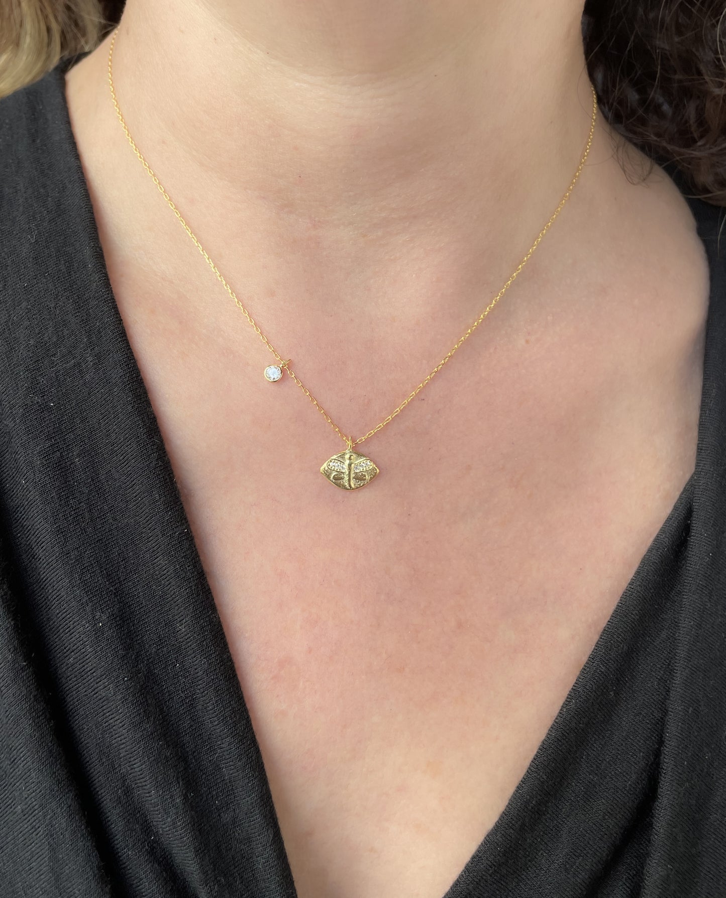 Gold dragonfly and cubic zirconia charm necklace