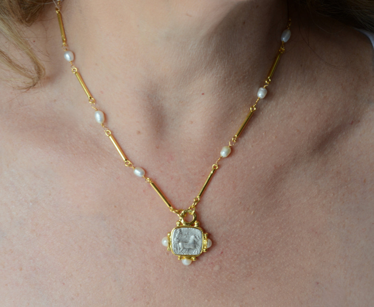 Gold plated Roman Coin necklace with pearl accents