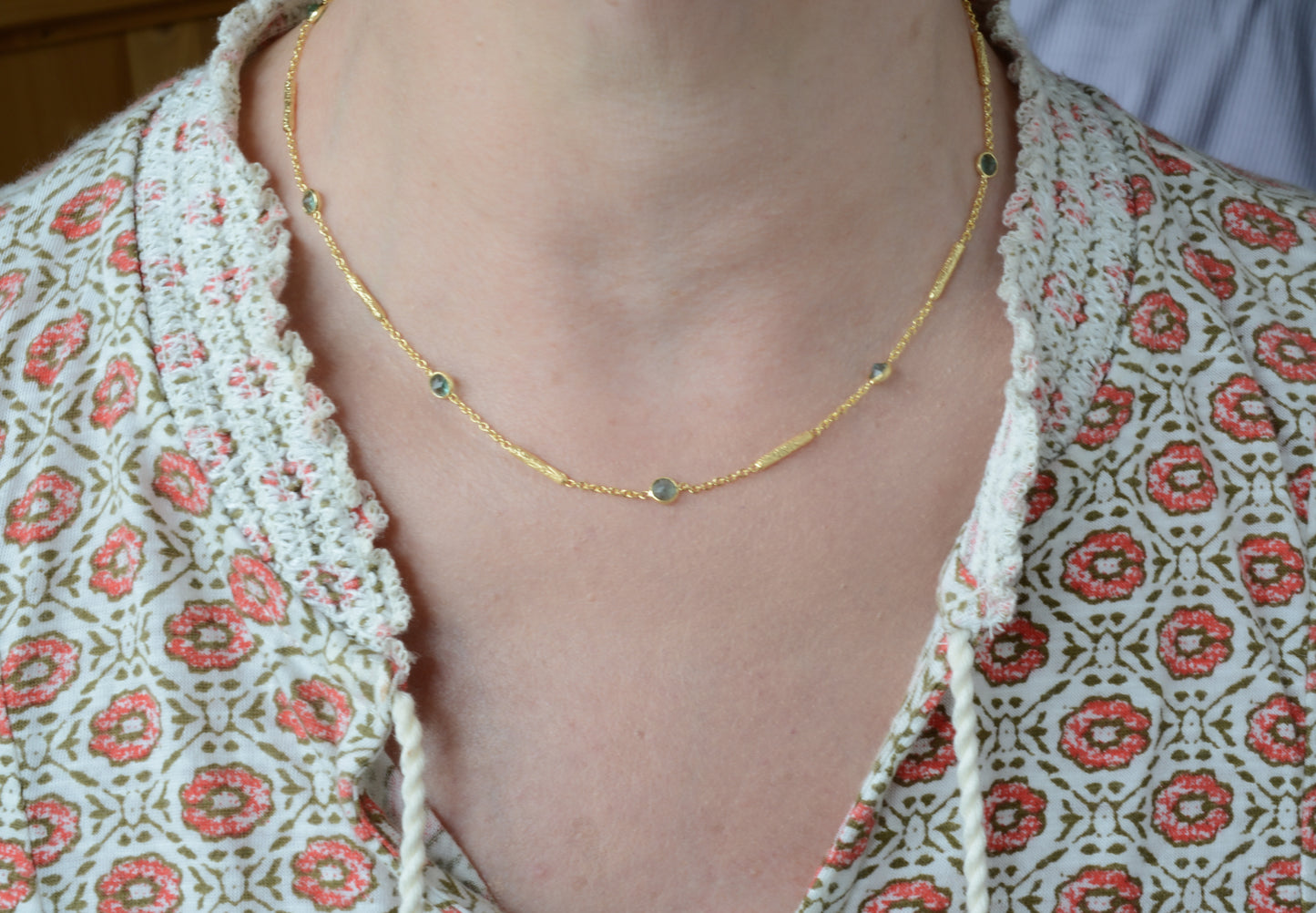 Green tourmaline necklace with textured tube spacers