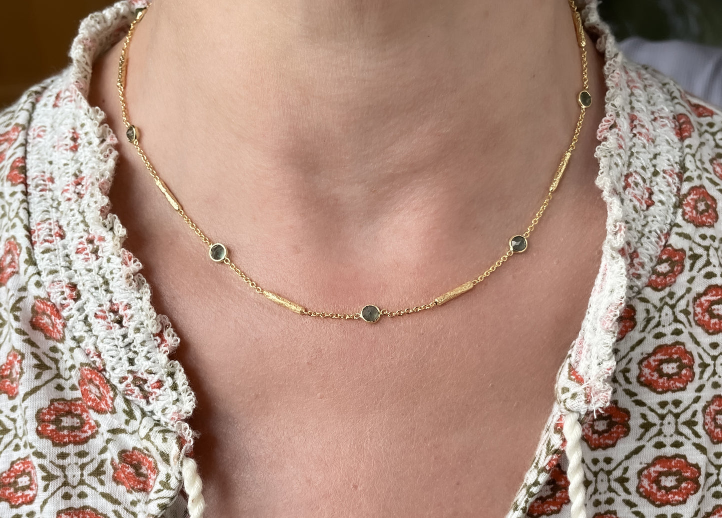 Green tourmaline necklace with textured tube spacers