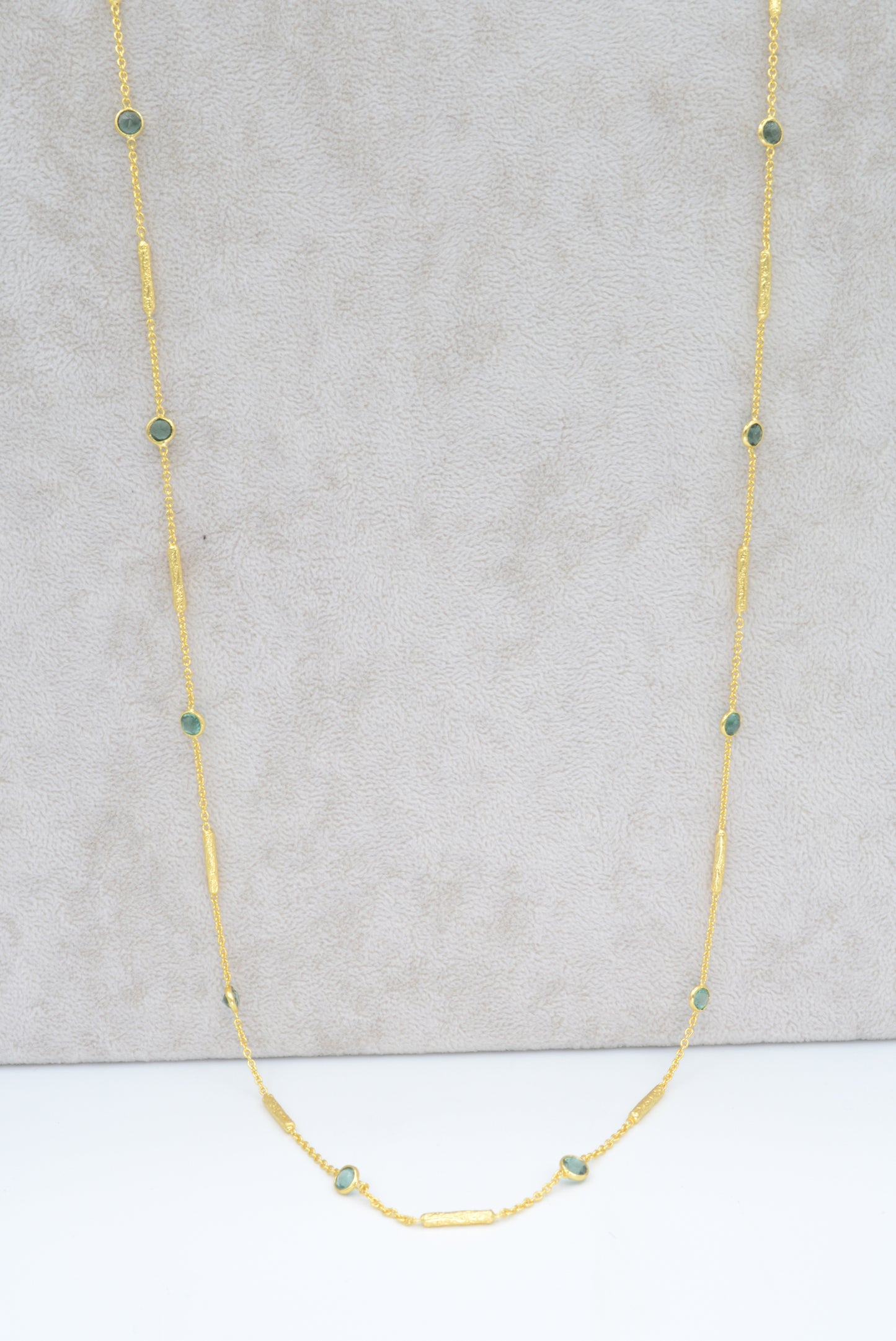 Long green tourmaline necklace with textured tube spacers