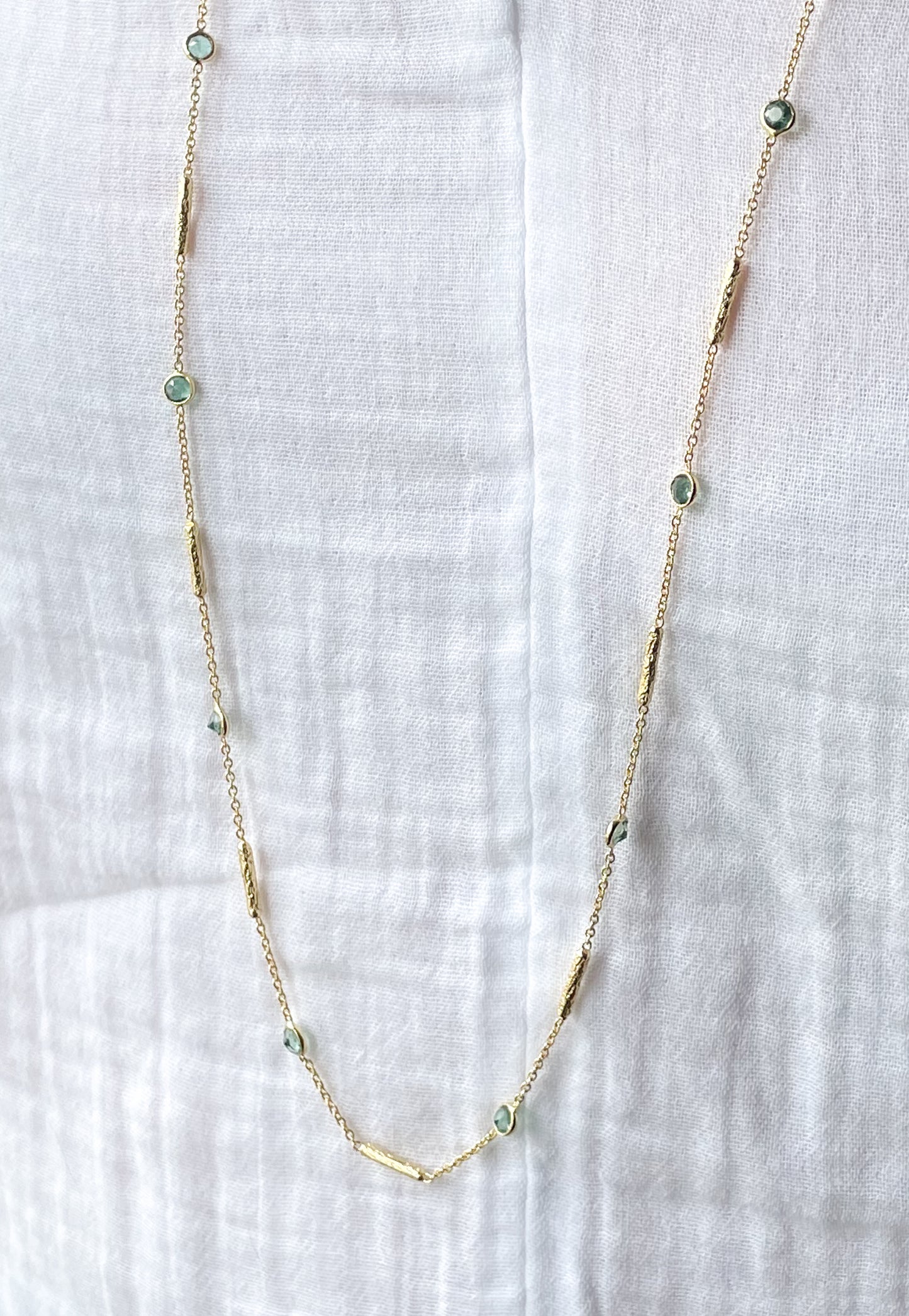 Long green tourmaline necklace with textured tube spacers