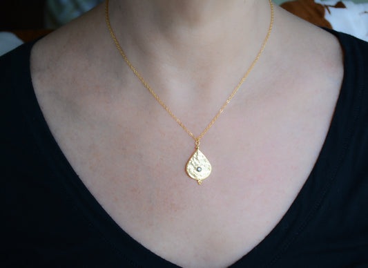 Hammered gold plated teardrop pendant necklace