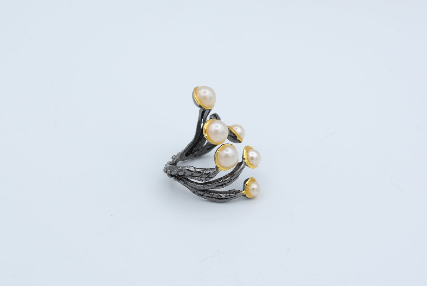 Two tone textured branch ring with freshwater pearls