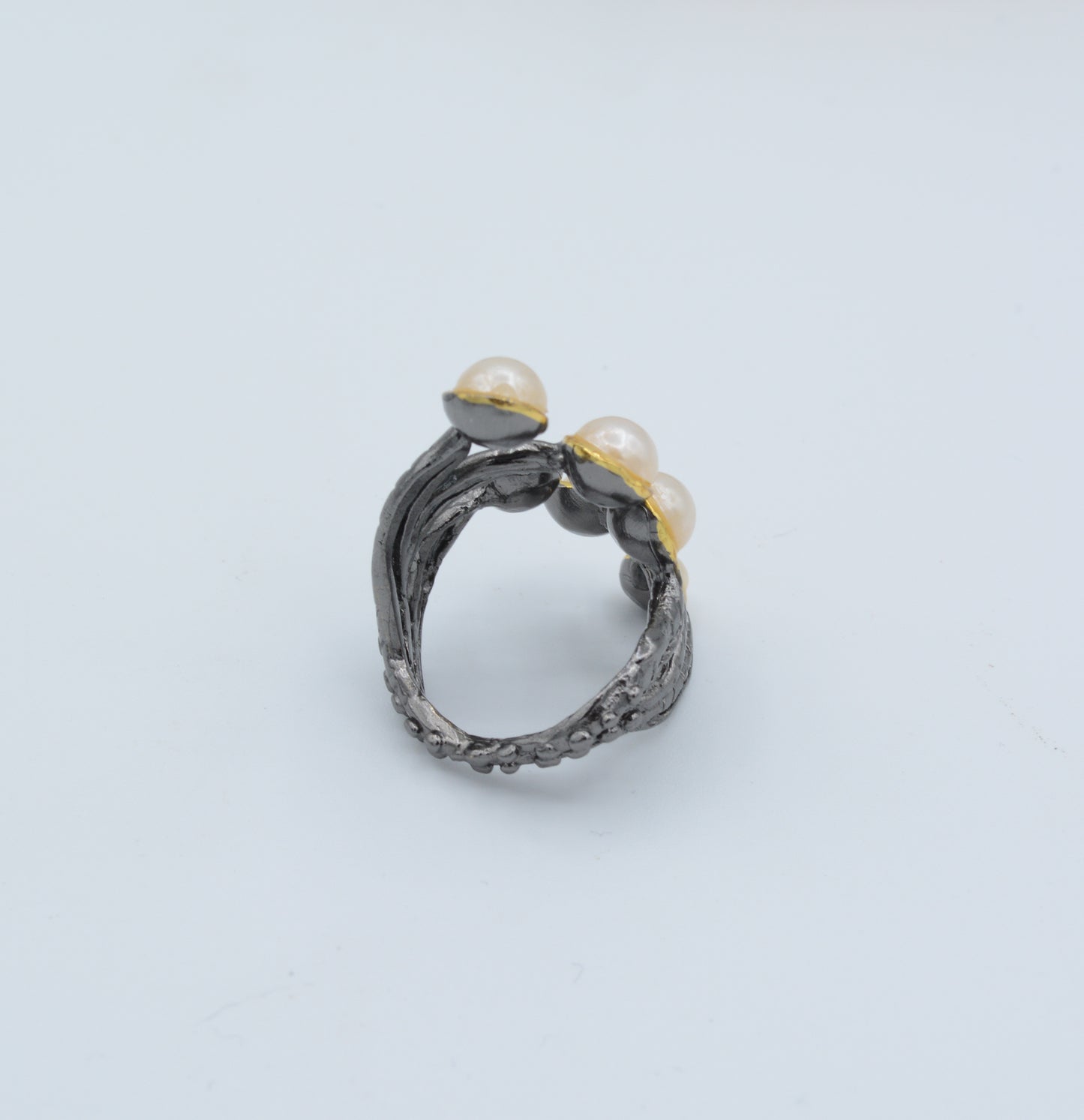 Two tone textured branch ring with freshwater pearls