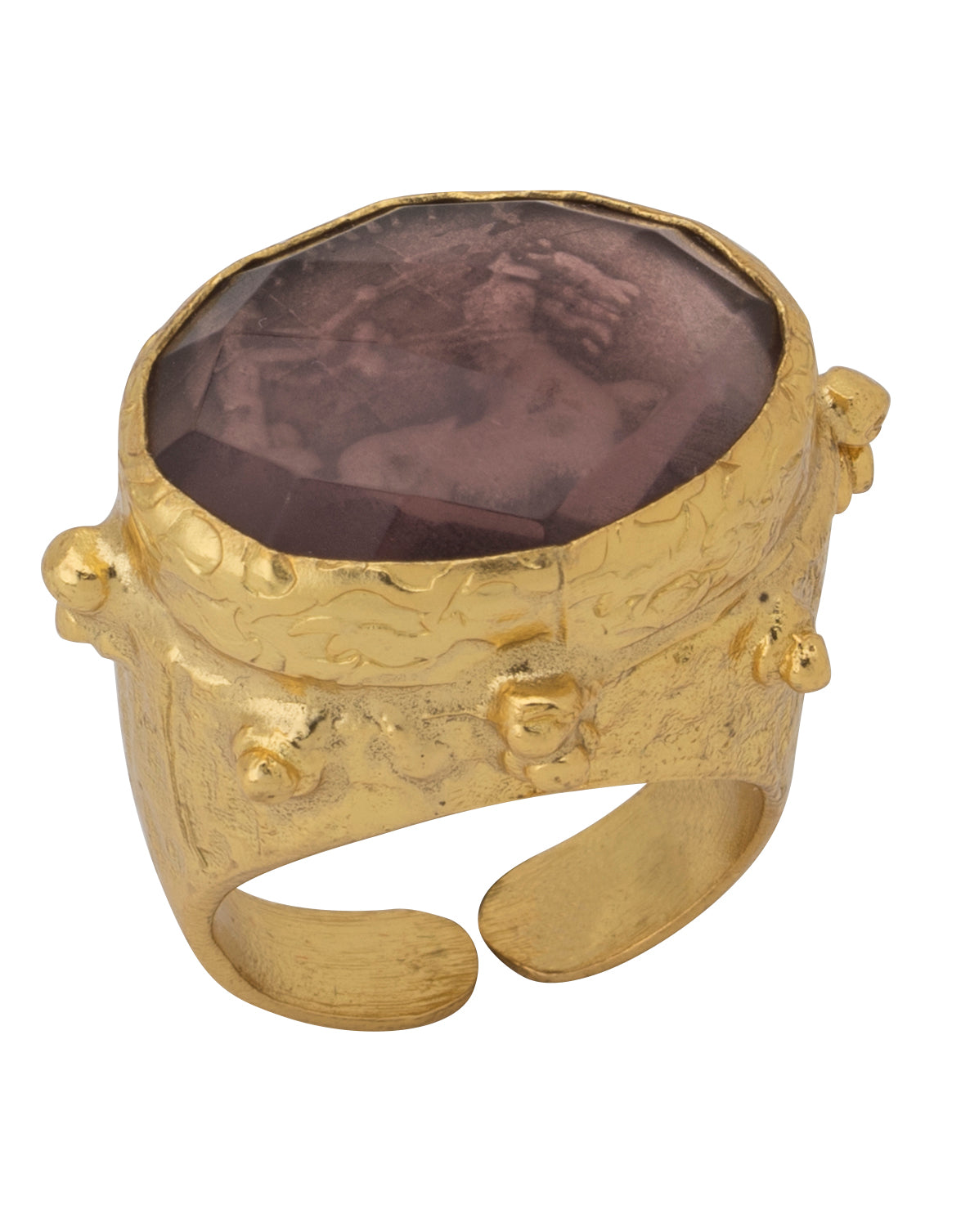 Gold coin ring with faceted smoky quartz crystal