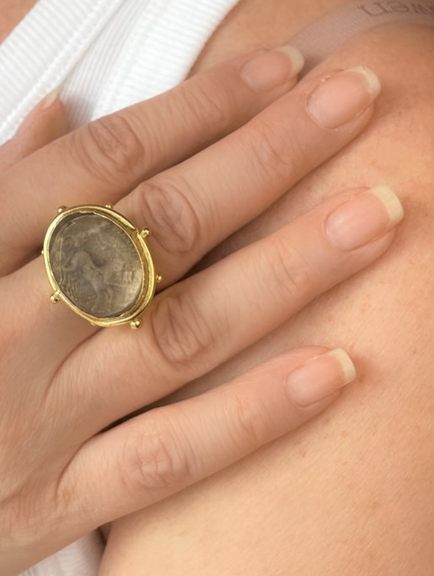 Gold coin ring with faceted smoky quartz crystal
