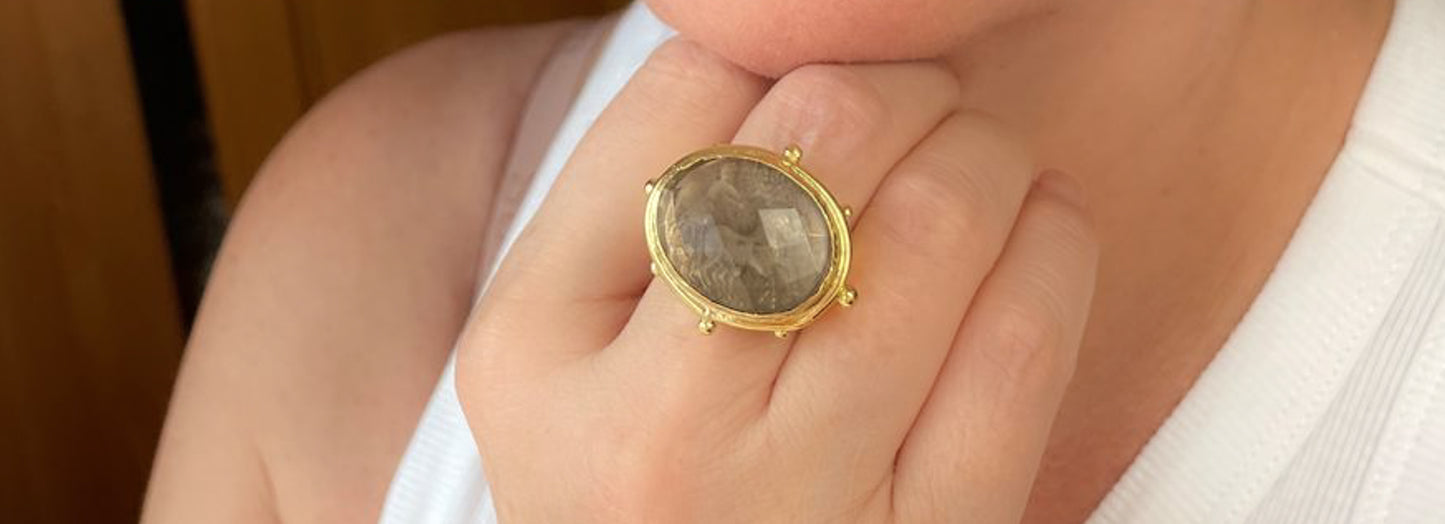 Gold coin ring with faceted smoky quartz crystal