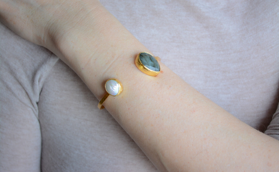 Labradorite and freshwater pearl cuff bracelet