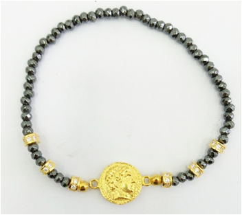 Faceted Hematite and Gold Plated coin bracelet with cz
