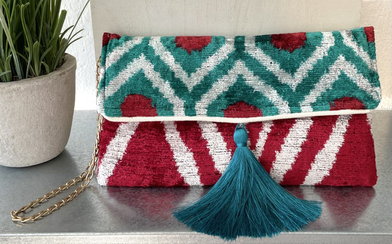 Handwoven silk and cotton clutch with hidden chain strap