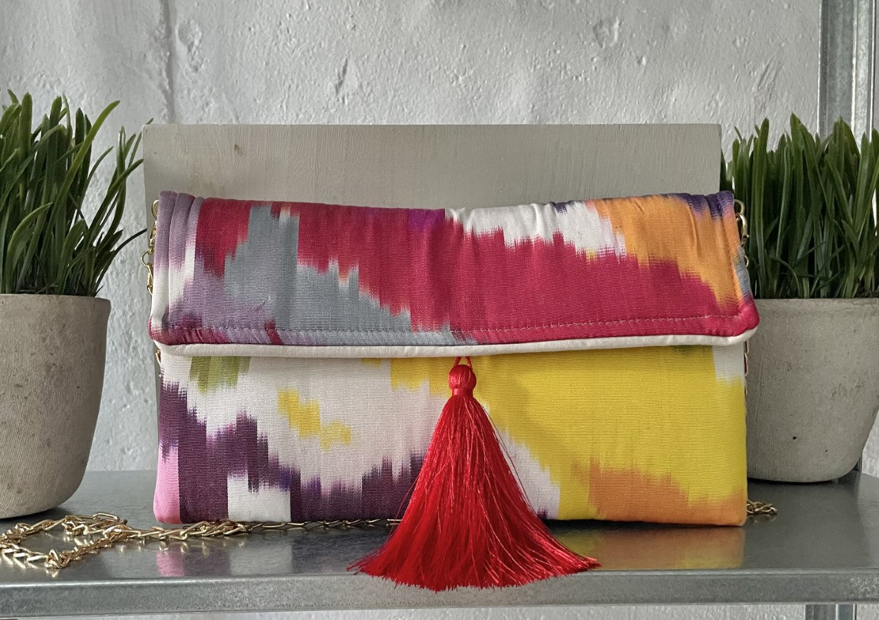 Handwoven Ikat clutch with hidden chain Strap
