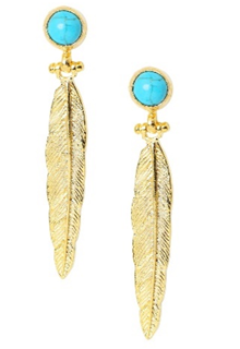 Gold Plated Feather Earrings With Turquoise Post