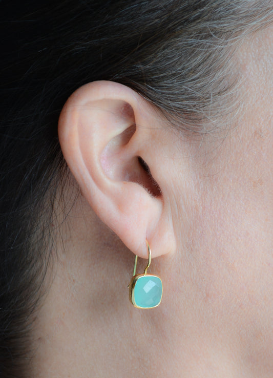 Cushion cut aqua chalcedony earrings with gold plate