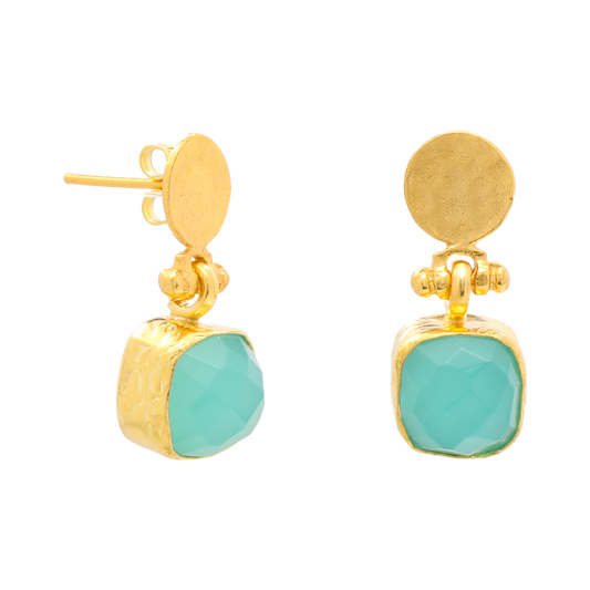 Cushion Cut Aqua Chalcedony Earrings With Hammered Post