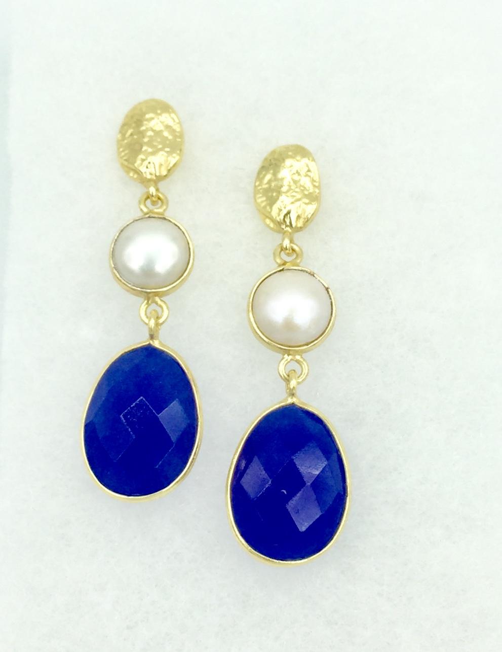 Pearl and blue jade double drop earrings