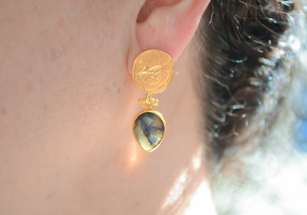 Labradorite earrings with Roman coin replica