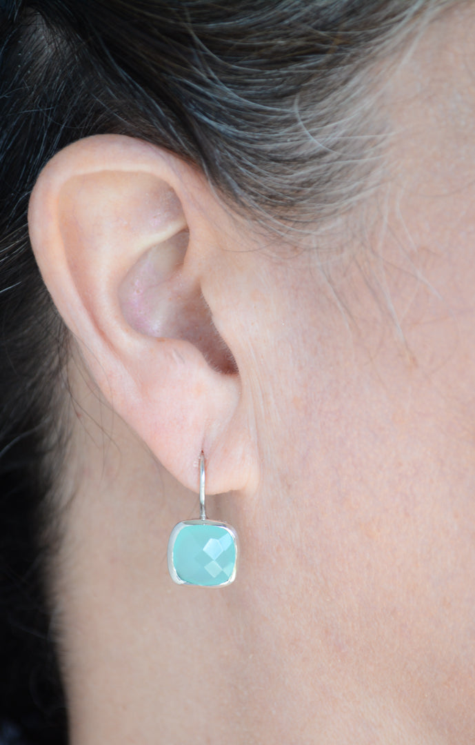 Cushion cut aqua chalcedony drop earring with rhodium plate