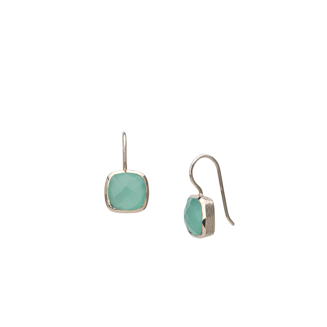 Cushion cut aqua chalcedony drop earring with rhodium plate