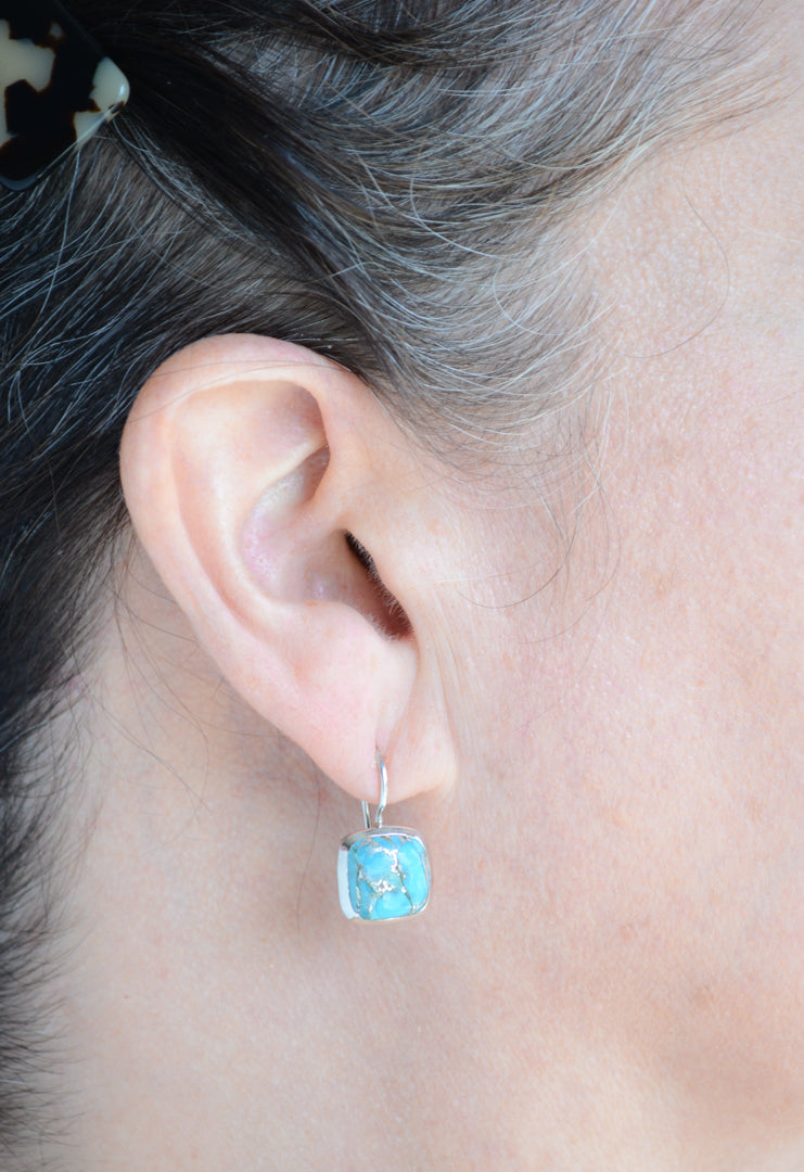 Cushion cut rhodium finish copper turquoise drop earring