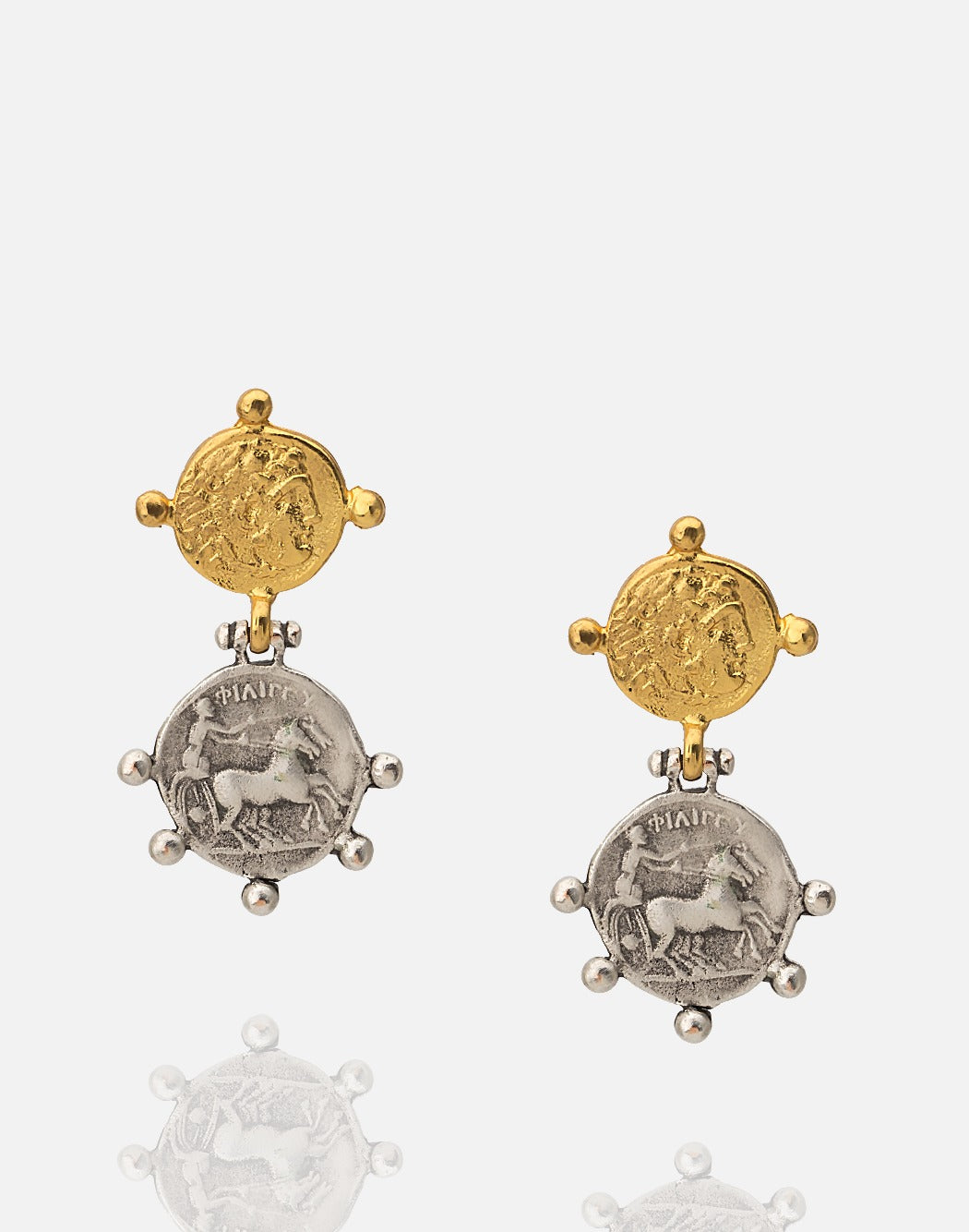 Two-tone gold and rhodium double Roman coin earring