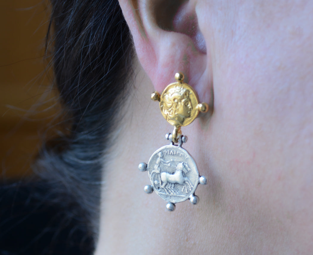 Two-tone gold and rhodium double Roman coin earring