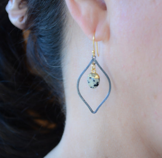 Faceted dalmatian jasper dark rhodium drop earrings